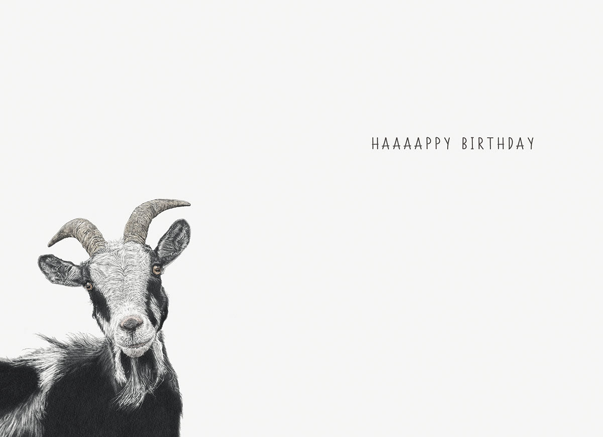 Open birthday greeting card featuring a black and white goat illustration on the left and 'HAAAAAPPY BIRTHDAY' text on the right, perfect for celebrating a friend's special day.