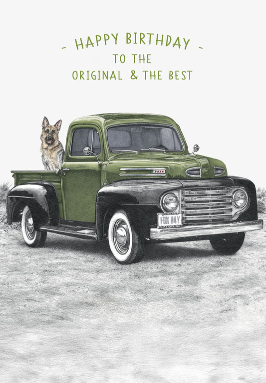 Dog In Back Of Green Truck Birthday Card