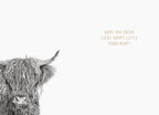 Inside view of a funny Highland cow greeting card in black and white, with text 'Hope You Enjoy Every Happy Little Mooo-Ment!', ideal for a friend's special day.