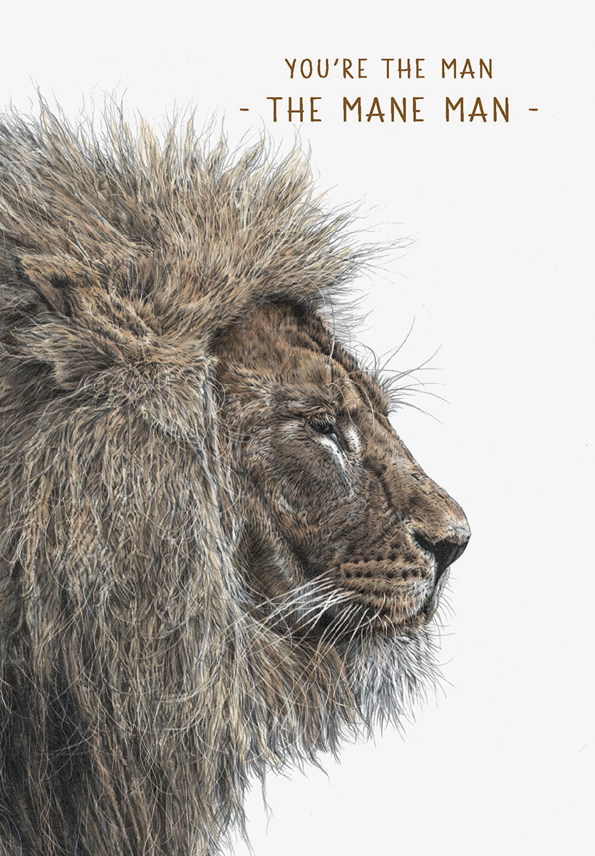 Majestic lion 'Mane Man' greeting card for him, featuring a detailed illustration of a lion's profile with a grand mane and punny text for a male friend.