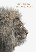 Majestic lion 'Mane Man' greeting card for him, featuring a detailed illustration of a lion's profile with a grand mane and punny text for a male friend.