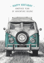 Front of a greeting card featuring a detailed pencil drawing of a teal and white vintage Volkswagen Kombi van parked in tall grass, with text 'HAPPY BIRTHDAY - ANOTHER YEAR OF ADVENTURE BEGINS'.