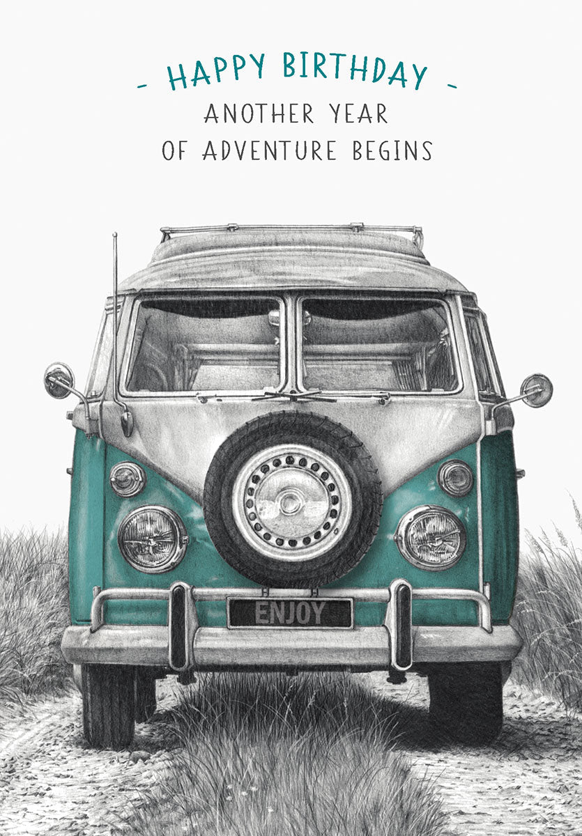 Front of a greeting card featuring a detailed pencil drawing of a teal and white vintage Volkswagen Kombi van parked in tall grass, with text 'HAPPY BIRTHDAY - ANOTHER YEAR OF ADVENTURE BEGINS'.