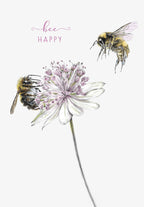Adorable 'Bee Happy' greeting card featuring two vibrant watercolor bumblebees with a delicate white and pink flower, perfect for sending warm wishes to a dear friend.