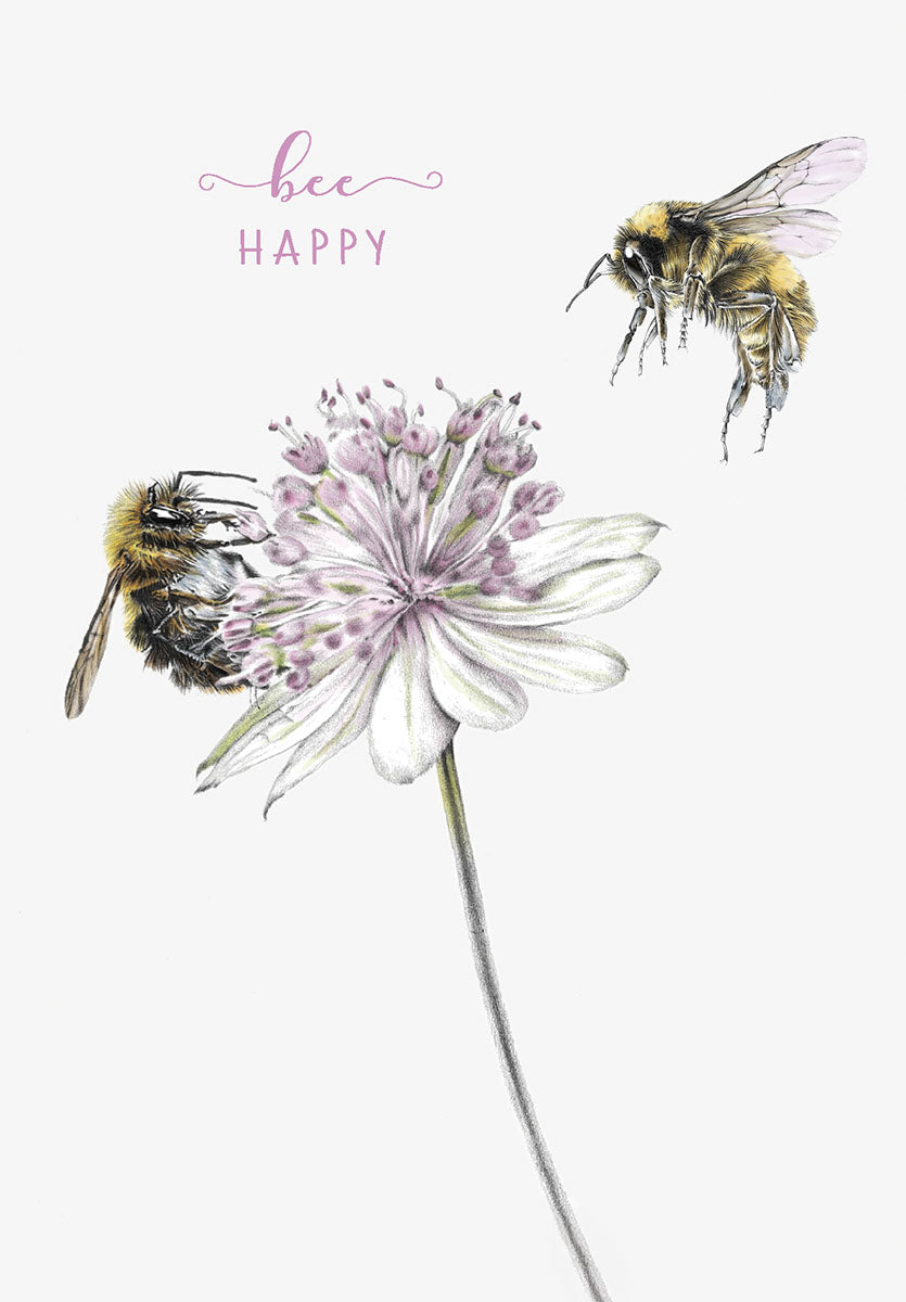 Adorable 'Bee Happy' greeting card featuring two vibrant watercolor bumblebees with a delicate white and pink flower, perfect for sending warm wishes to a dear friend.