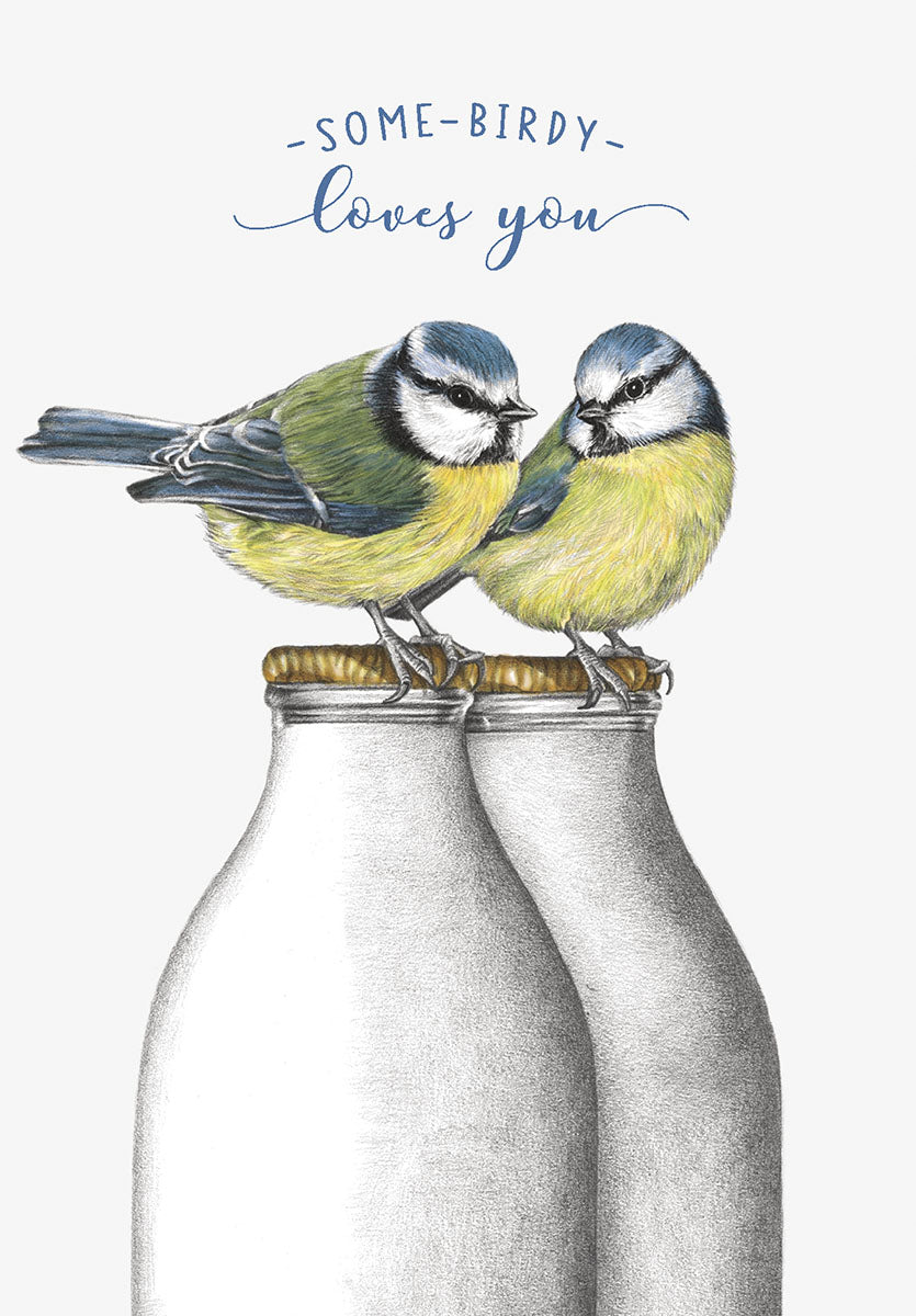 Cute friendship greeting card featuring two colorful blue tit birds perched on vintage milk bottles with the text 'SOME-BIRDY loves you'.