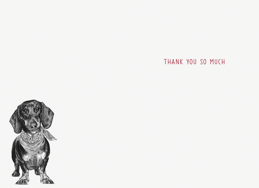 Inside of the cute dachshund thank you card, showing the lower left portion of the dog illustration and the elegant red text 'THANK YOU SO MUCH' on a clean white background, providing ample space for a personal message.