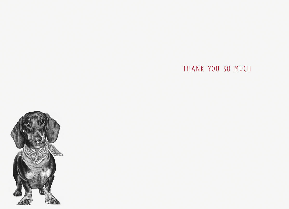 Inside of the cute dachshund thank you card, showing the lower left portion of the dog illustration and the elegant red text 'THANK YOU SO MUCH' on a clean white background, providing ample space for a personal message.