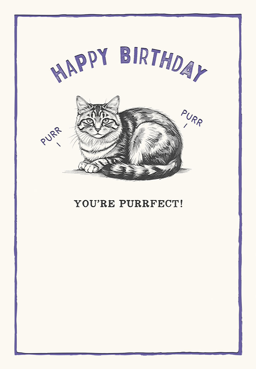 Front of a cute and funny greeting card featuring a detailed illustration of a tabby cat. The text reads 'HAPPY BIRTHDAY' in purple, with 'PURR' on either side of the cat, and 'YOU'RE PURRFECT!' below.
