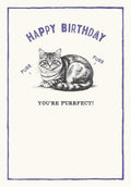 Front of a cute and funny greeting card featuring a detailed illustration of a tabby cat. The text reads 'HAPPY BIRTHDAY' in purple, with 'PURR' on either side of the cat, and 'YOU'RE PURRFECT!' below.