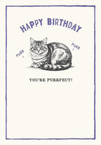 Front of a cute and funny greeting card featuring a detailed illustration of a tabby cat. The text reads 'HAPPY BIRTHDAY' in purple, with 'PURR' on either side of the cat, and 'YOU'RE PURRFECT!' below.