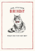 Front of a funny birthday greeting card featuring an illustrated, dapper tabby cat wearing a red bow tie. The text reads 'OOH, IT'S YOUR BIRTHDAY WHAT DID YOU GET ME?' conveying a sassy, humorous tone for a friend or cat lover.