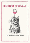 Funny birthday card featuring a detailed black and white sketch of a tabby cat looking up, balancing a wine glass on its head, with text 'BIRTHDAY FORECAST' and '99% CHANCE OF WINE'. Ideal for wine lovers and cat enthusiasts.