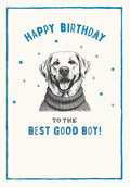 Front of a lighthearted greeting card featuring a charming hand-drawn illustration of a happy golden Labrador retriever wearing a blue knitted sweater, surrounded by blue stars. Text reads 'HAPPY BIRTHDAY TO THE BEST GOOD BOY!' in a rustic blue font, framed by a thick blue border. Perfect for him, a friend, or any dog lover.