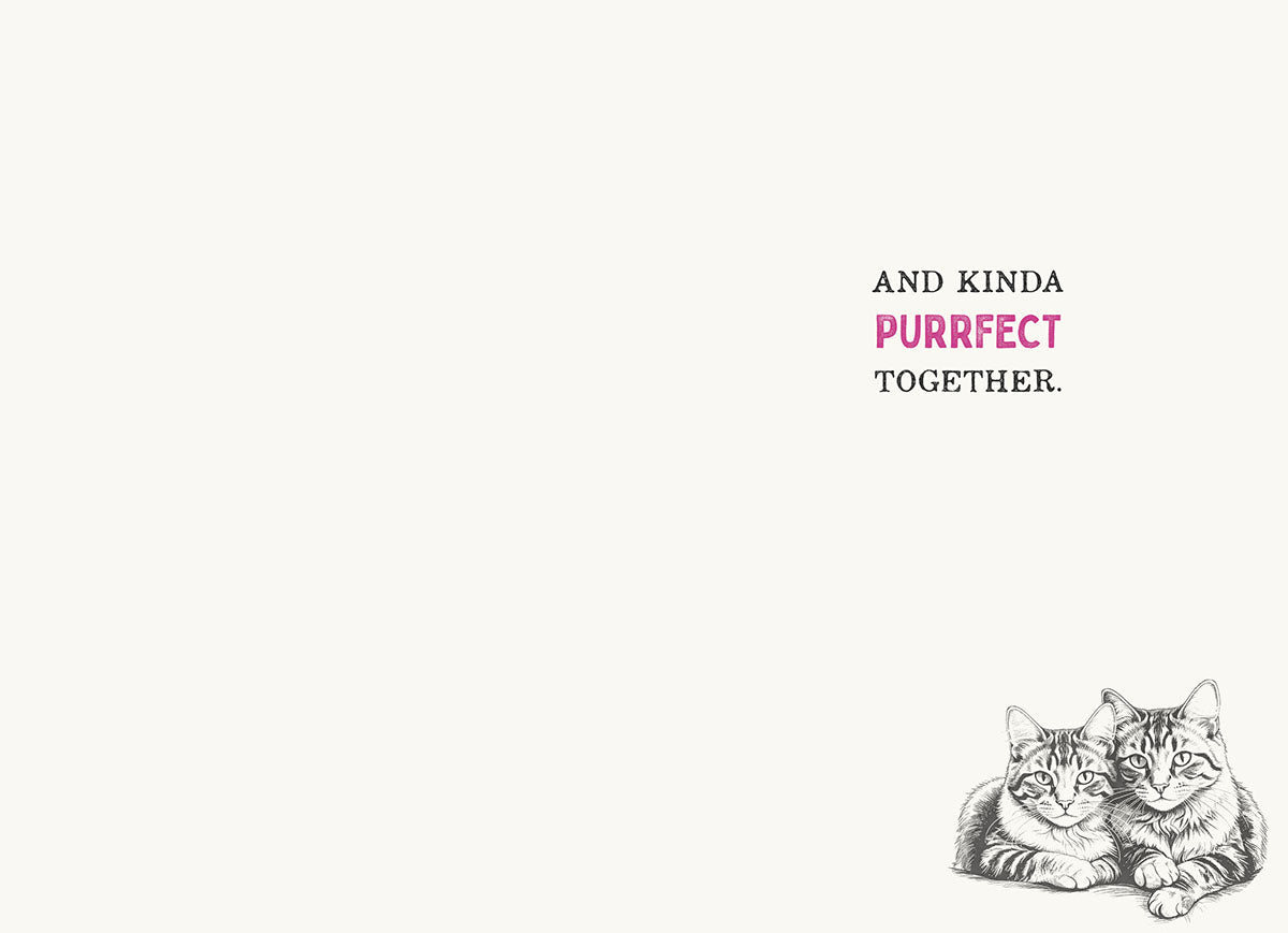 Inside of a sassy friendship card, showing two stylized cats in the corner and the heartwarming, punny text 'AND KINDA PURRFECT TOGETHER.' on a light background.