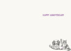 Inside of a minimalist anniversary greeting card. The bottom right corner shows a small black and white sketch illustration of a dog, cat, and champagne bottle. The top right corner has purple text that reads: 'HAPPY ANNIVERSARY'.