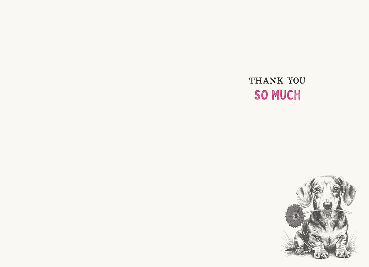 Inside view of a thank you greeting card, featuring the phrase 'THANK YOU SO MUCH' in black and pink, with a small illustration of a dachshund holding a flower in the bottom right corner. Ideal for writing a personal message of appreciation and sending to a friend.