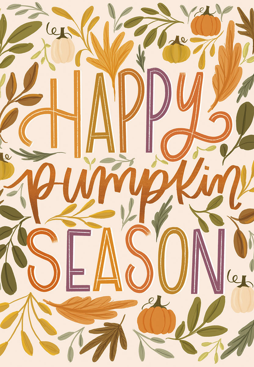 Cute 'Happy Pumpkin Season' greeting card featuring vibrant hand-lettered text surrounded by an array of autumn pumpkins, colorful fall leaves, and botanical elements on a light cream background, perfect for fall greetings.