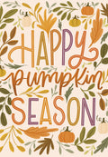 Cute 'Happy Pumpkin Season' greeting card featuring vibrant hand-lettered text surrounded by an array of autumn pumpkins, colorful fall leaves, and botanical elements on a light cream background, perfect for fall greetings.