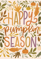 Cute 'Happy Pumpkin Season' greeting card featuring vibrant hand-lettered text surrounded by an array of autumn pumpkins, colorful fall leaves, and botanical elements on a light cream background, perfect for fall greetings.