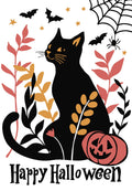 Cute black cat sitting amongst autumn foliage with a carved pumpkin, bats, and a spiderweb, wishing 'Happy Halloween' on a festive greeting card.