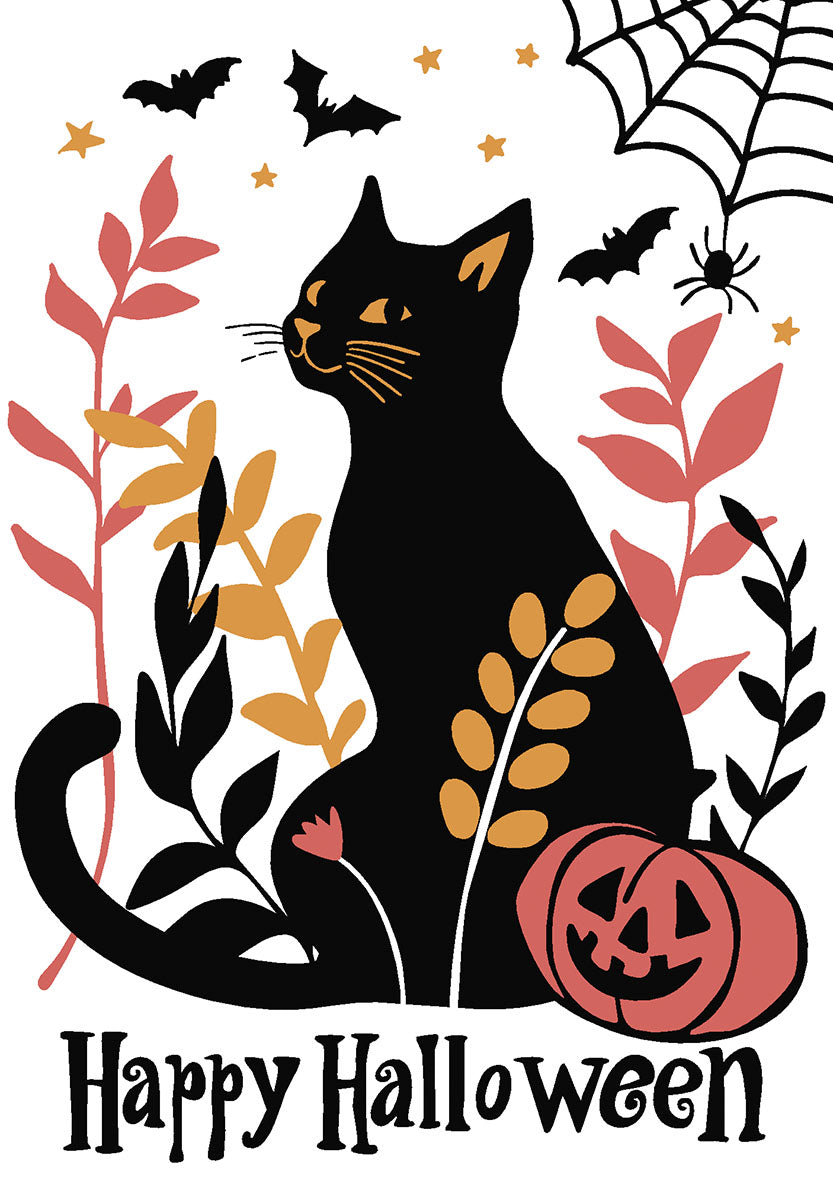 Cute black cat sitting amongst autumn foliage with a carved pumpkin, bats, and a spiderweb, wishing 'Happy Halloween' on a festive greeting card.