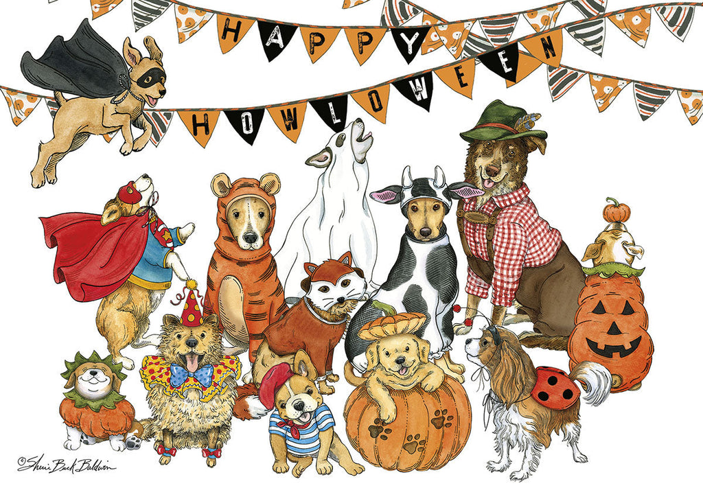 An illustration of a group of diverse dogs dressed in various Halloween costumes, including a superhero dog, a pumpkin dog, a cow dog, a wolf dog, a hot dog, a pirate dog, and a wizard dog. Above them hangs a banner that says 'Happy Howloween'. The scene is festive and cute.