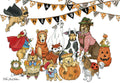 An illustration of a group of diverse dogs dressed in various Halloween costumes, including a superhero dog, a pumpkin dog, a cow dog, a wolf dog, a hot dog, a pirate dog, and a wizard dog. Above them hangs a banner that says 'Happy Howloween'. The scene is festive and cute.