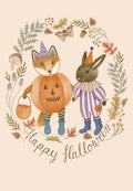 Cute autumn-themed greeting card featuring an anthropomorphic fox in a pumpkin costume and a rabbit in a striped harlequin outfit, holding hands, surrounded by fall foliage, mushrooms, and a butterfly, with 'Happy Halloween' calligraphy.