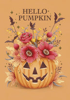 Greeting card front featuring a smiling jack-o'-lantern adorned with vibrant red and yellow flowers, autumn leaves, and glittery bats on a warm orange background. Text: HELLO PUMPKIN.