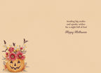 Inside of a spooky season card with a smaller floral pumpkin illustration on the bottom left and a friendly message on the right: 'Sending big smiles and spooky wishes for a night full of fun! Happy Halloween'.