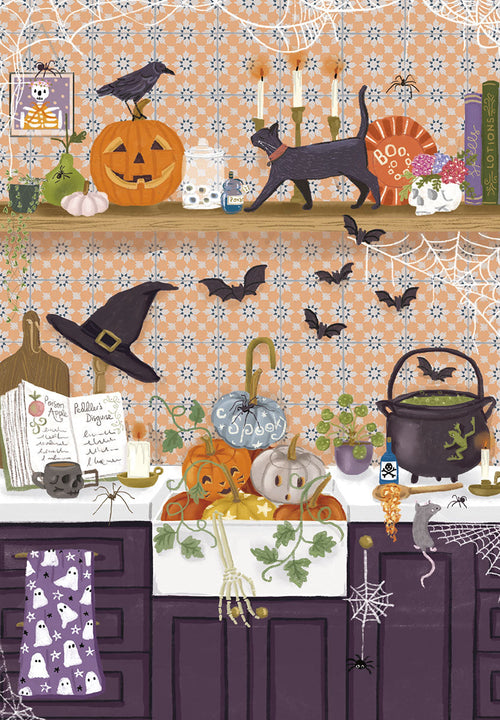 Whimsical Halloween greeting card front featuring a spooky cute kitchen scene with a black cat, jack-o'-lantern, witch's hat, cauldron, bats, spiders, and ghost-patterned towel. Perfect for spooky season celebrations.