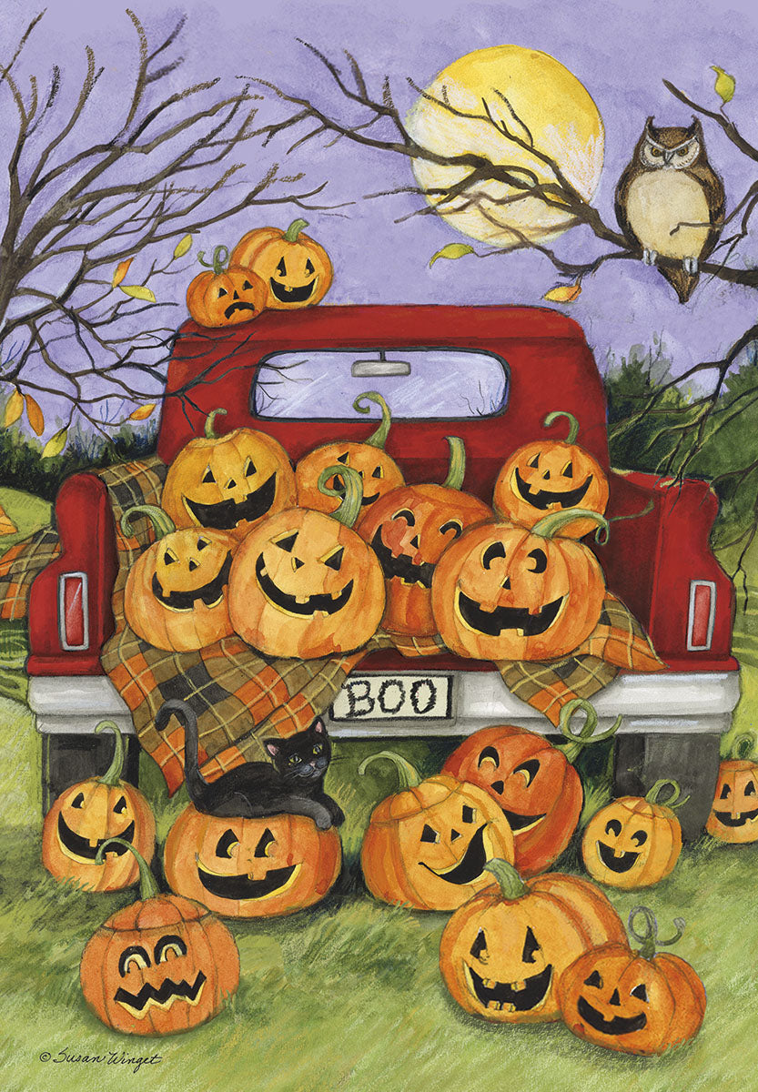 Charming Halloween greeting card featuring a red vintage pickup truck filled with glowing jack-o'-lanterns, a playful black cat, an owl on a tree branch, and a full moon under a purple night sky. Perfect for children's spooky season wishes.