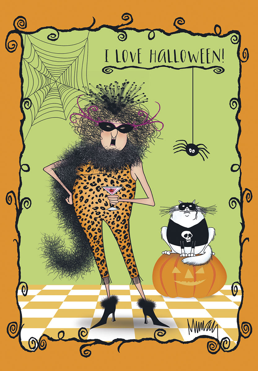 Sassy woman in leopard print jumpsuit, black boa, and big, wild hair holding a martini glass. She stands next to a black cat with a skull shirt, perched on a grinning jack-o'-lantern. A spiderweb and spider hang in the green background, with the text 'I LOVE HALLOWEEN!' The card has an orange decorative border.