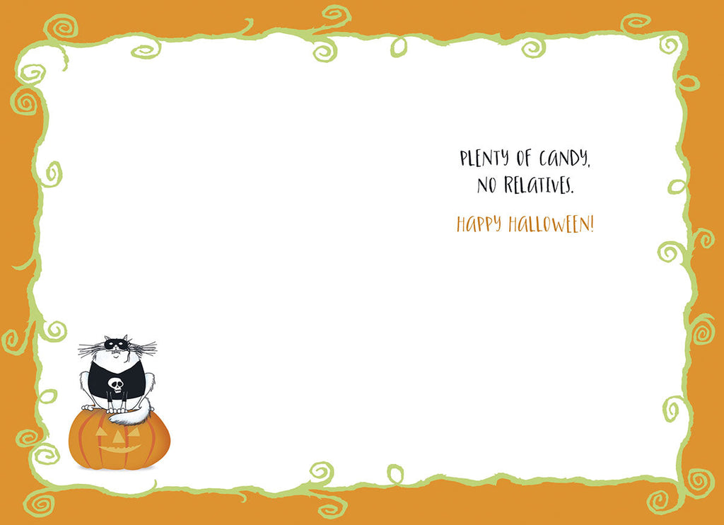 Inside of a humorous Halloween greeting card. A black cat in a skull shirt sits on a jack-o'-lantern in the bottom left corner. The card's internal message reads: 'PLENTY OF CANDY, NO RELATIVES. HAPPY HALLOWEEN!'. The card has a decorative orange swirled border.
