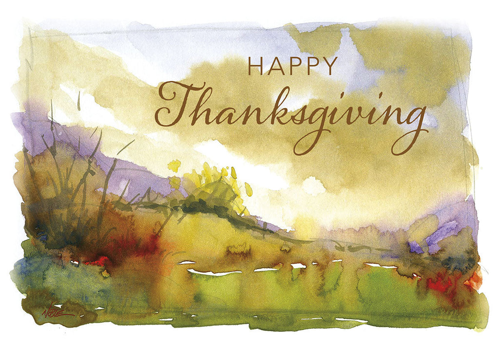 Front of a watercolor Thanksgiving greeting card depicting a golden autumn landscape with purple and green accents, featuring the words "Happy Thanksgiving" in elegant script.