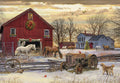 SEO-optimized alt text: Rustic winter farm holiday card featuring a decorated red barn with a wreath, two white horses, a vintage tractor with string lights, and a golden retriever dog standing in fresh snow. The serene countryside scene is set against a dramatic sunset sky with birds flying, evoking peaceful holiday charm.