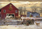 SEO-optimized alt text: Rustic winter farm holiday card featuring a decorated red barn with a wreath, two white horses, a vintage tractor with string lights, and a golden retriever dog standing in fresh snow. The serene countryside scene is set against a dramatic sunset sky with birds flying, evoking peaceful holiday charm.
