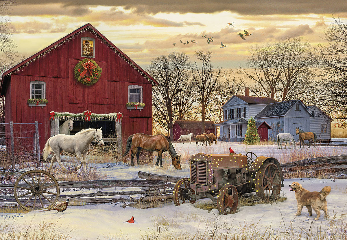 SEO-optimized alt text: Rustic winter farm holiday card featuring a decorated red barn with a wreath, two white horses, a vintage tractor with string lights, and a golden retriever dog standing in fresh snow. The serene countryside scene is set against a dramatic sunset sky with birds flying, evoking peaceful holiday charm.