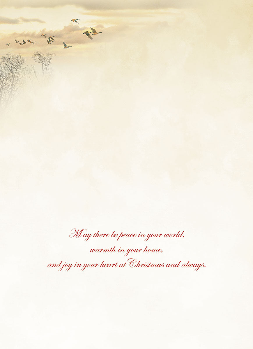 SEO-optimized alt text: Interior of a heartfelt holiday greeting card, showing elegant red script on a warm cream background. The message reads: 'May there be peace in your world, warmth in your home, and joy in your heart at Christmas and always.'