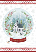 Elegant religious snow globe greeting card featuring a charming white church, festive greenery wreath, red berries, and two small birds in a winter wonderland, with 'christmas blessings' script.