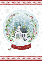 Elegant religious snow globe greeting card featuring a charming white church, festive greenery wreath, red berries, and two small birds in a winter wonderland, with 'christmas blessings' script.