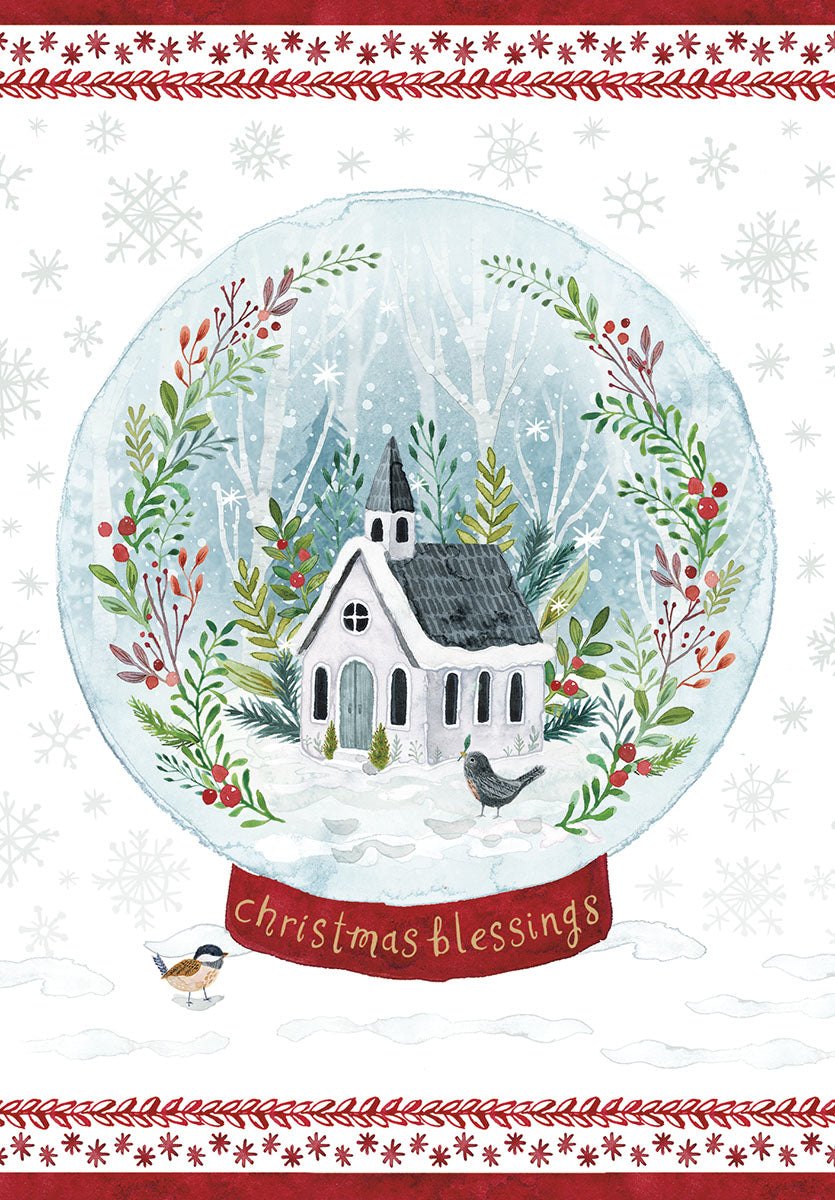 Elegant religious snow globe greeting card featuring a charming white church, festive greenery wreath, red berries, and two small birds in a winter wonderland, with 'christmas blessings' script.