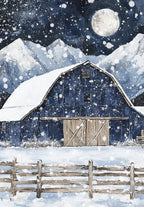 Scenic winter greeting card featuring a snow-covered blue barn, towering snow-capped mountains, a bright full moon in a starry night sky, and gently falling snowflakes.