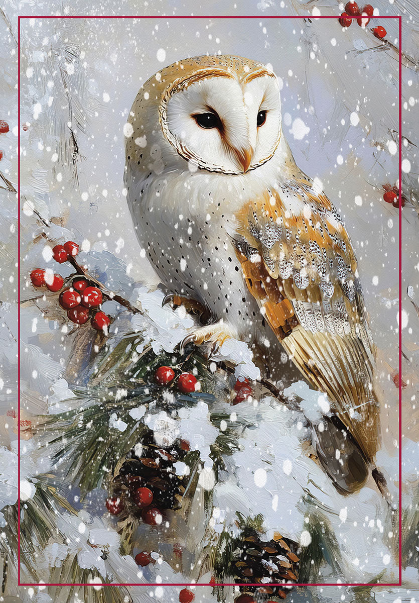 SEO-optimized: Watercolor painting of a majestic barn owl perched on snow-covered pine branches adorned with vibrant red berries, amidst falling snowflakes. Front of a heartfelt winter greeting card.