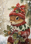Adorable squirrel in a red knitted hat and sweater holding holly berries in a snowy winter forest scene, ideal for a festive greeting card.