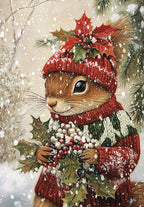 Adorable squirrel in a red knitted hat and sweater holding holly berries in a snowy winter forest scene, ideal for a festive greeting card.