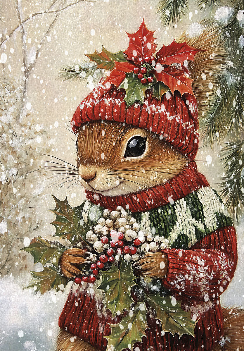 Adorable squirrel in a red knitted hat and sweater holding holly berries in a snowy winter forest scene, ideal for a festive greeting card.