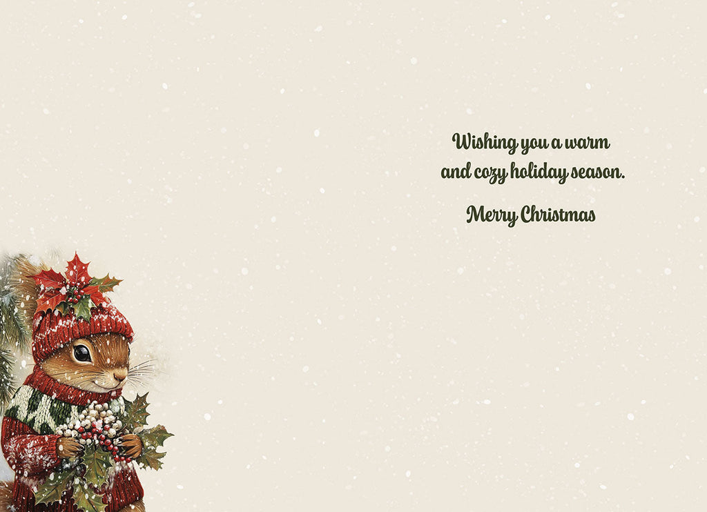 Open greeting card interior with 'Wishing you a warm and cozy holiday season. Merry Christmas' text and a cute squirrel illustration on the left.