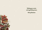 Open greeting card interior with 'Wishing you a warm and cozy holiday season. Merry Christmas' text and a cute squirrel illustration on the left.